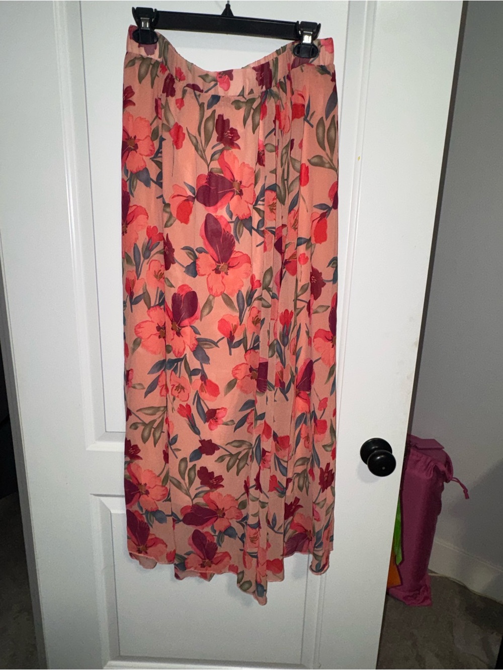 NEW Peach Floral Maxi Skirt with Coral and Burgundy Blooms XL